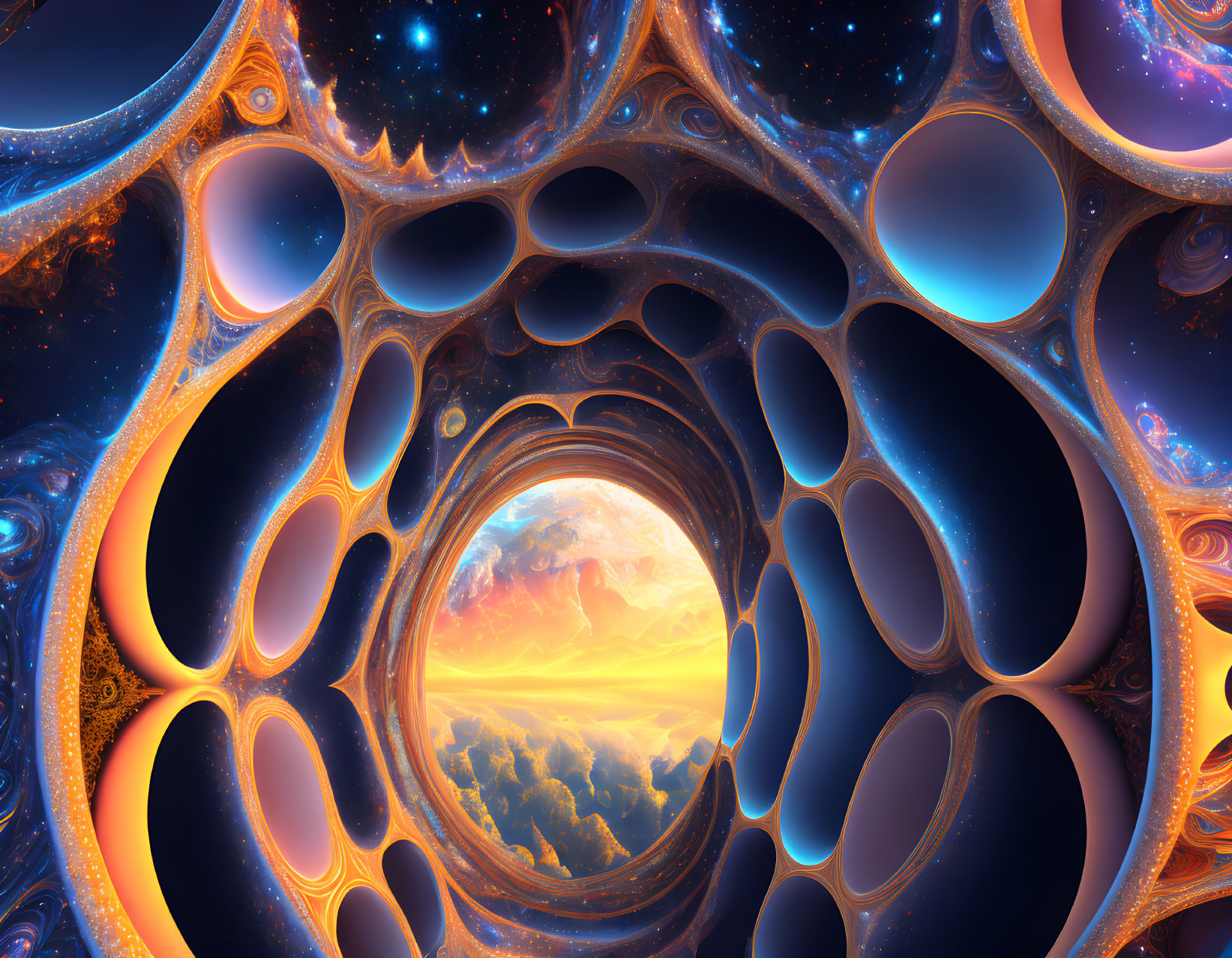 Fractal tunnel with cosmic elements and serene landscape portal.