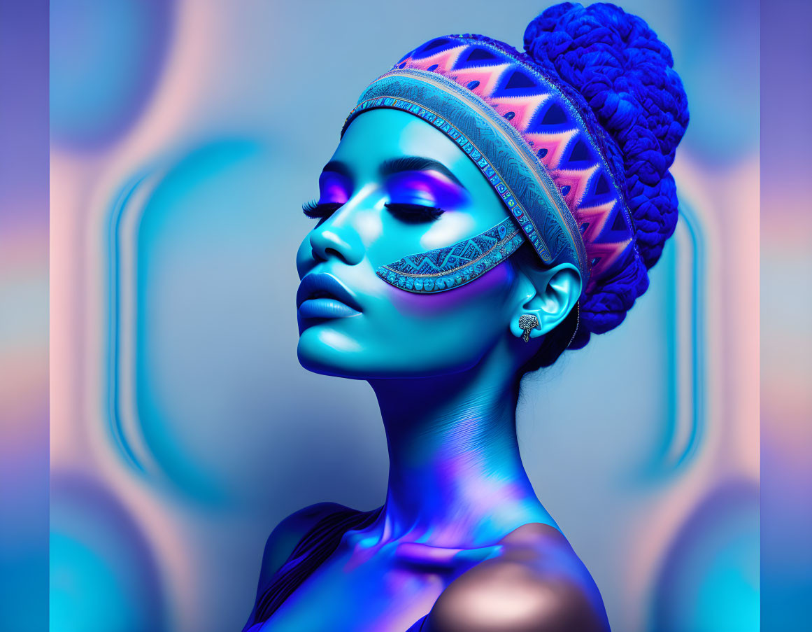 Vibrant portrait of woman with blue skin and tribal face paint