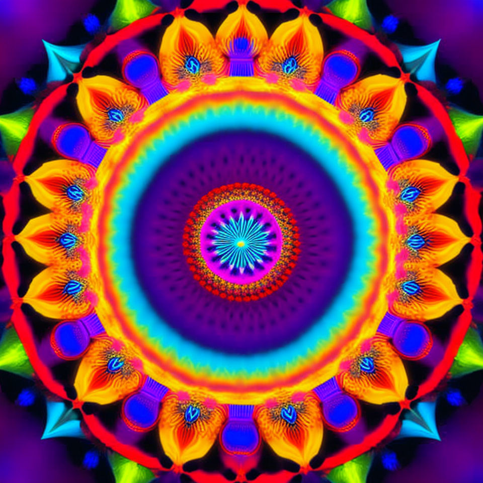 Multicolored neon digital mandala with intricate symmetrical pattern