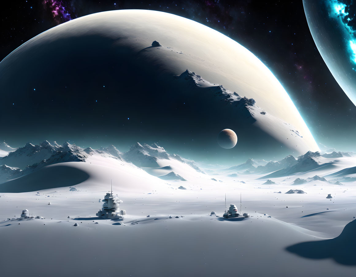 Snowy extraterrestrial landscape with large planets and futuristic buildings.