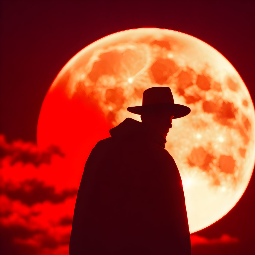 Mysterious figure in hat under red moon with craters & clouds