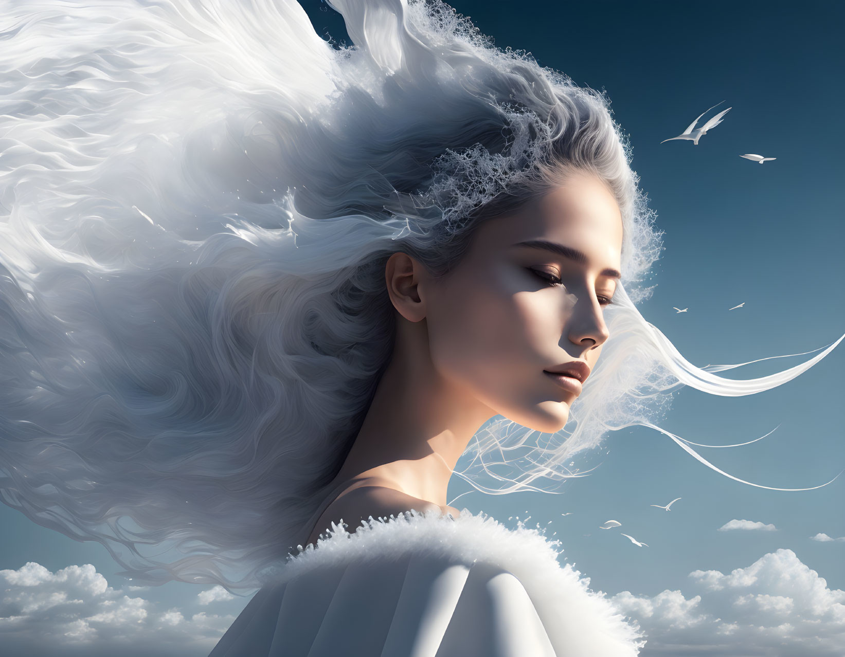 Woman with white hair blending into clouds, surrounded by birds in blue sky