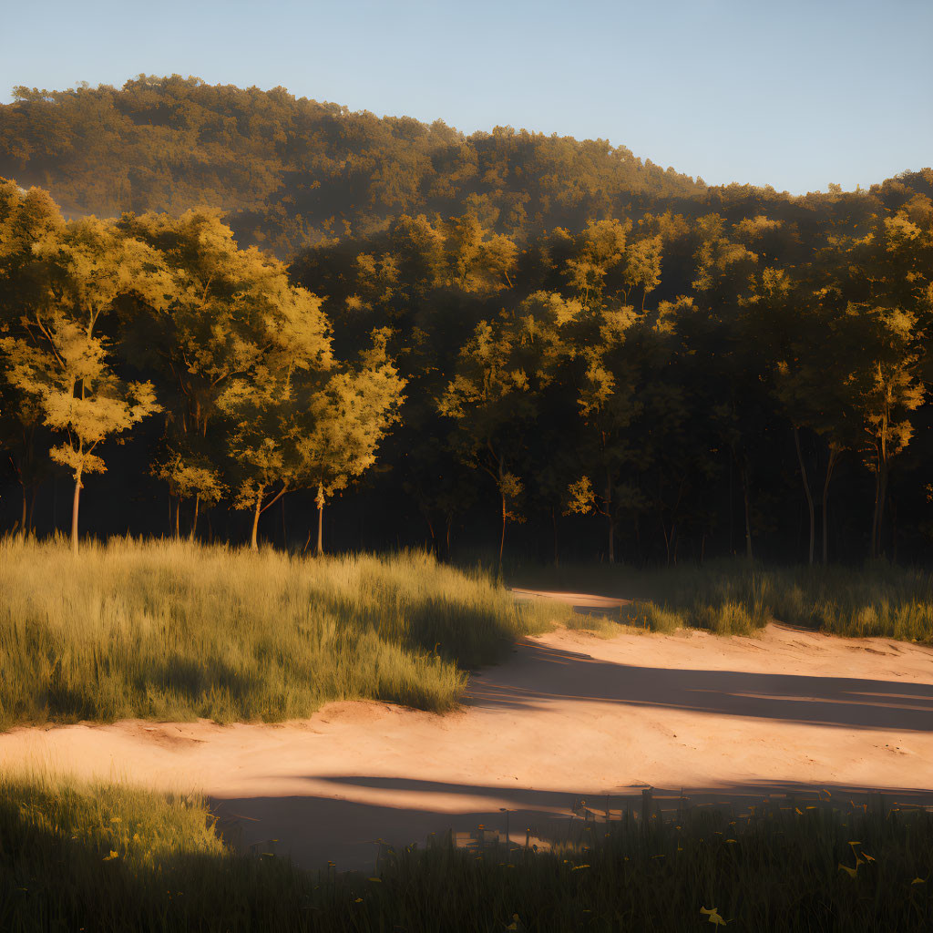 Sunlit forest dirt path at sunrise