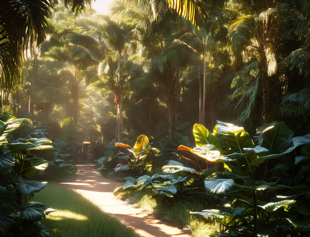 Tranquil forest pathway in lush tropical setting