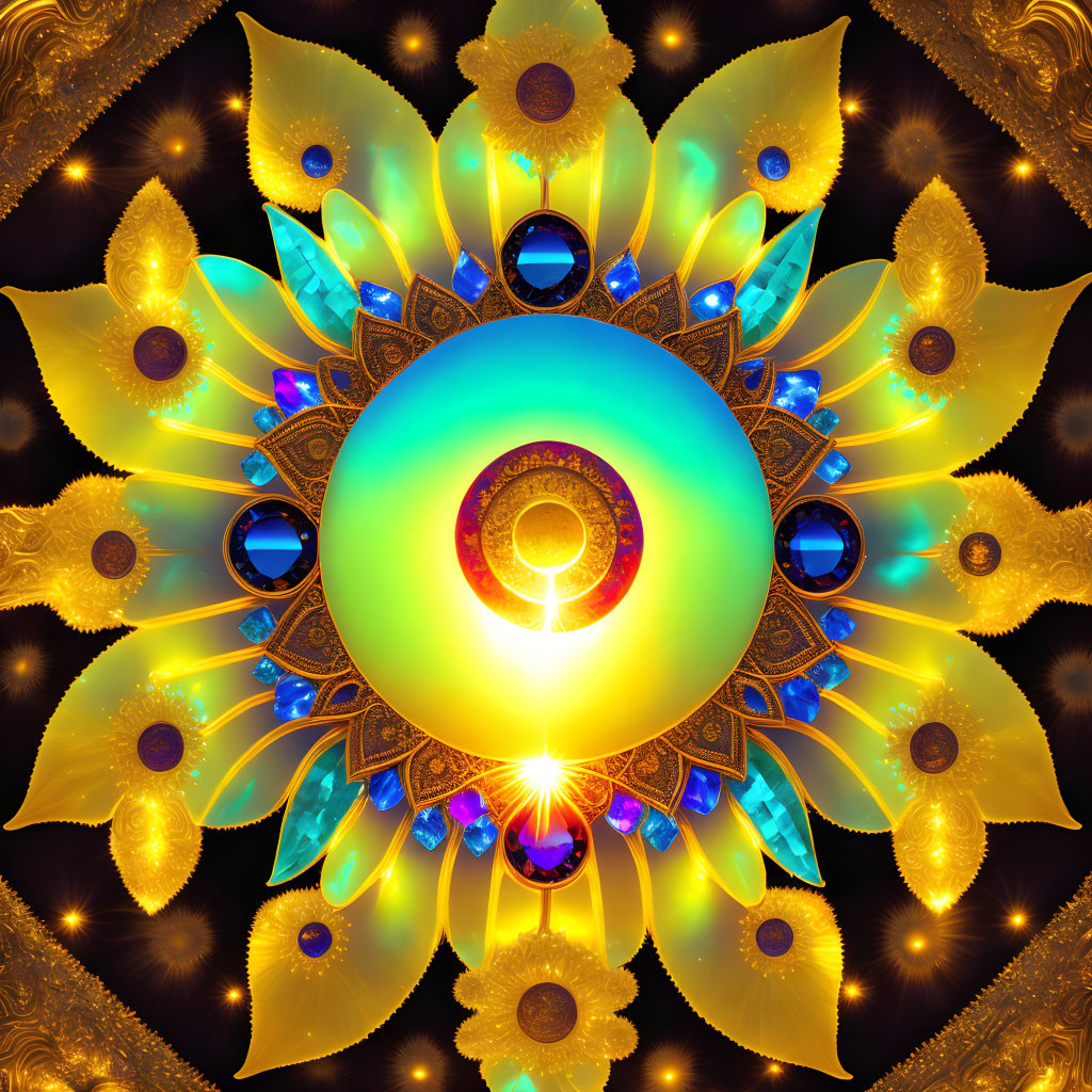 Colorful digital mandala with glowing center and symmetrical patterns in blue, gold, and gem-like