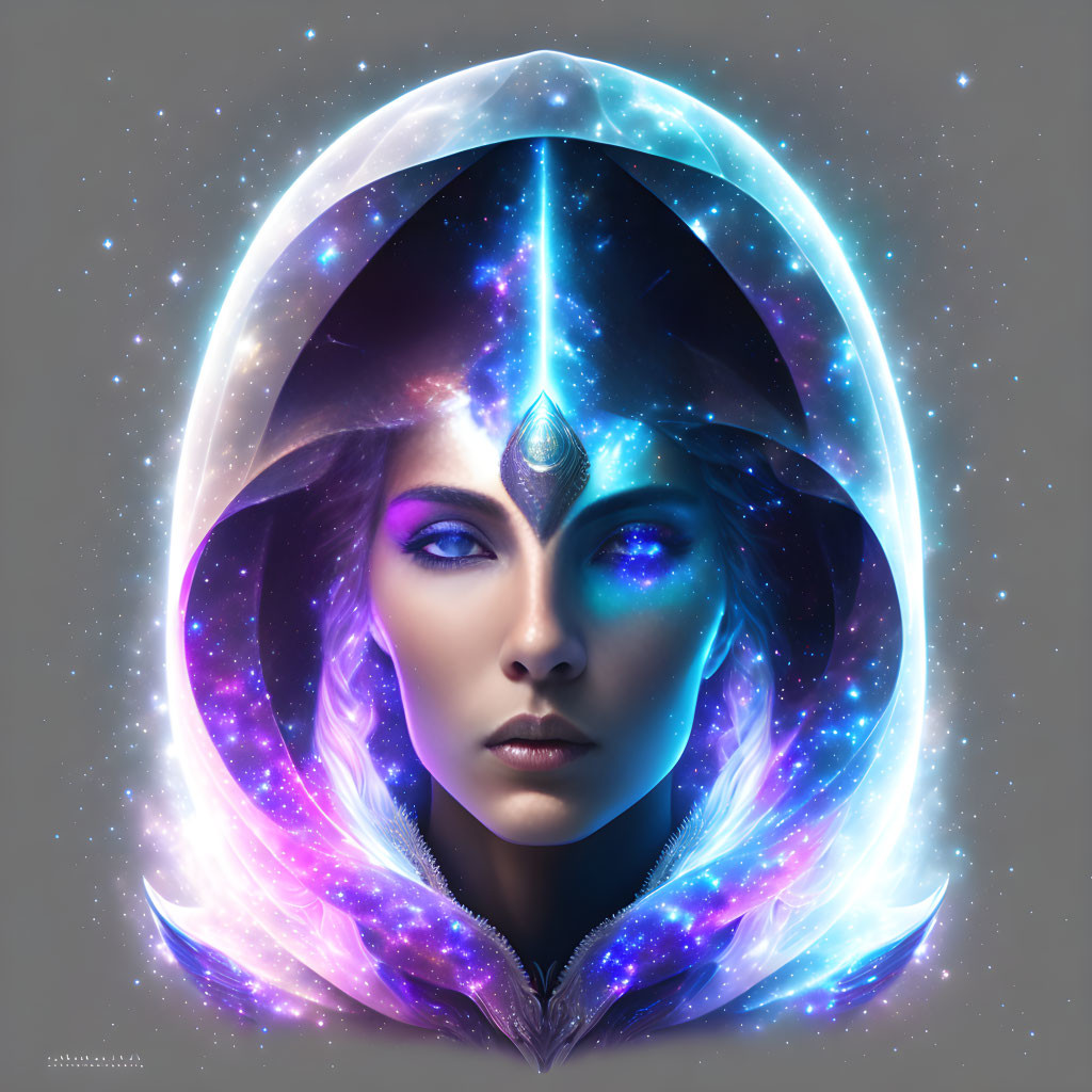 Cosmic-themed digital artwork of a woman with glowing aura