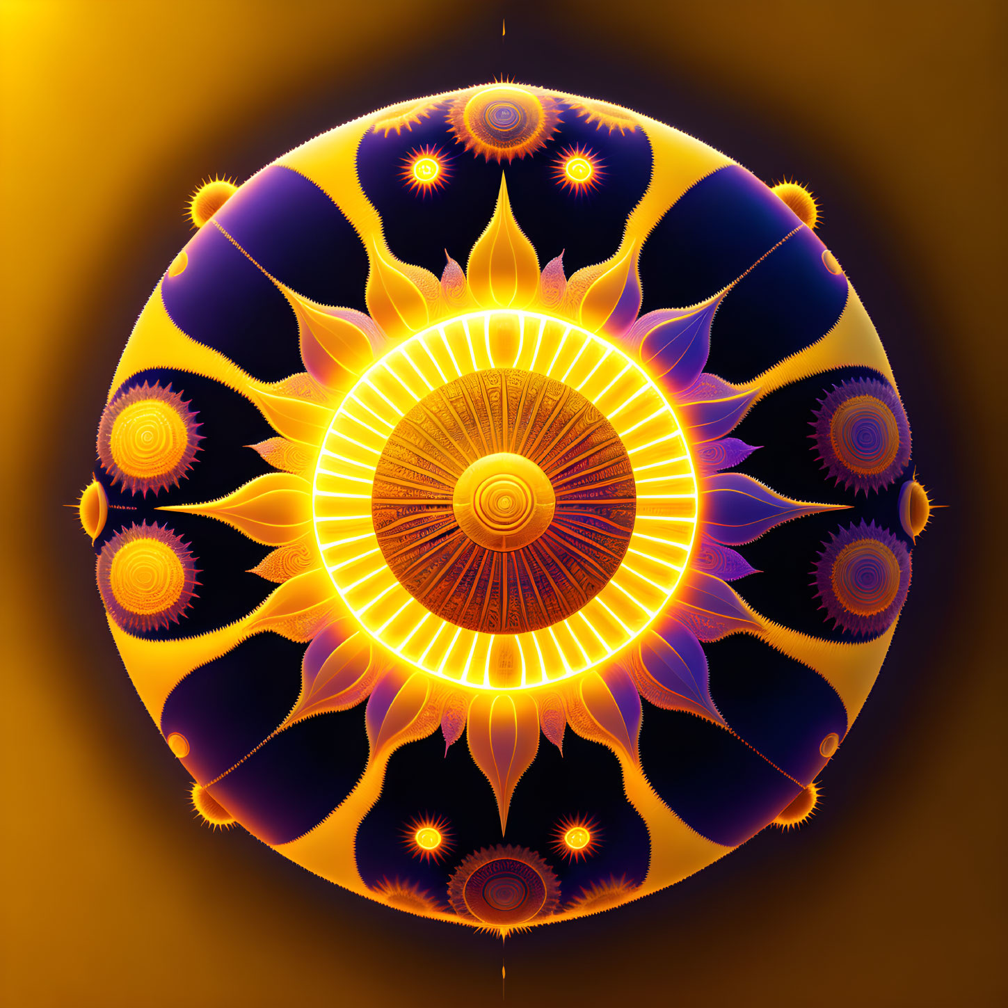 Colorful digital artwork: Sphere with glowing sun motif and intricate gold, purple, and blue patterns