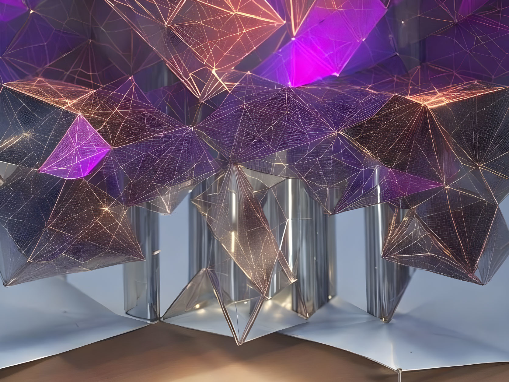 Geometric sculpture with transparent facets and pink-purple lighting casting soft reflections