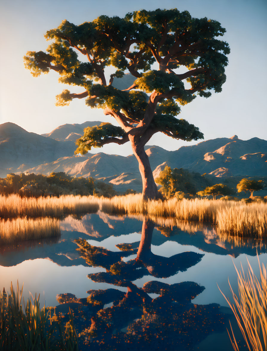 Tranquil landscape: lone tree, lush greenery, peaceful water, tall grasses, sun