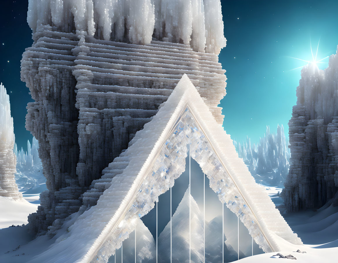 Icy Landscape with Frozen Structure and Radiant Sun