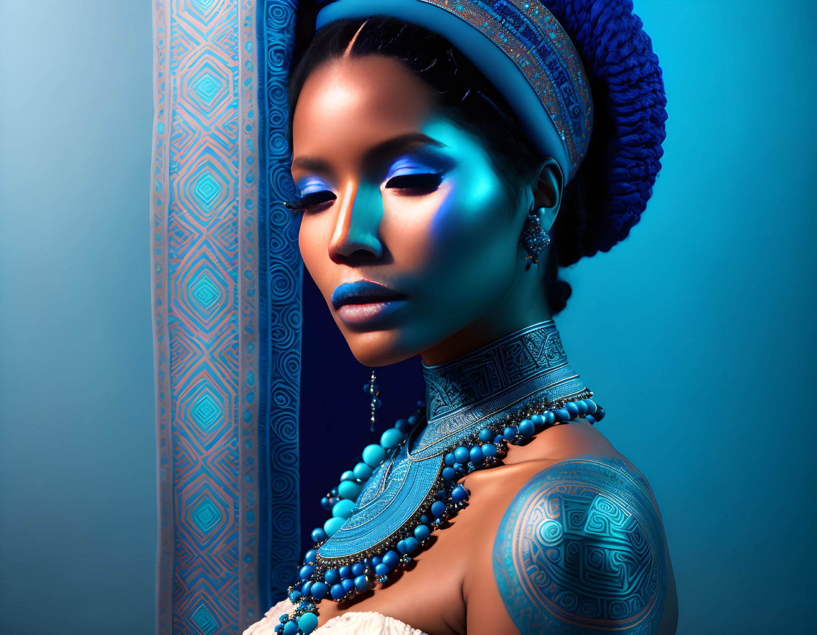 Elegant woman with artistic makeup and tribal jewelry in blue and turquoise tones