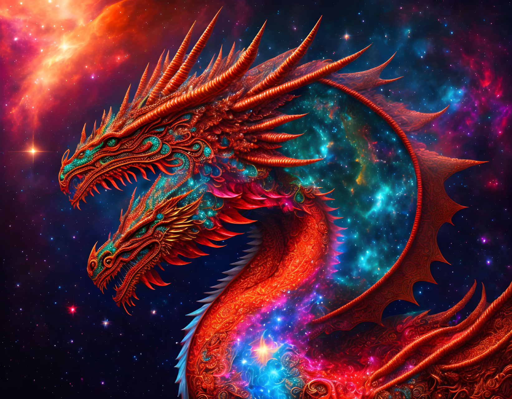 Majestic ornate dragon in cosmic digital art