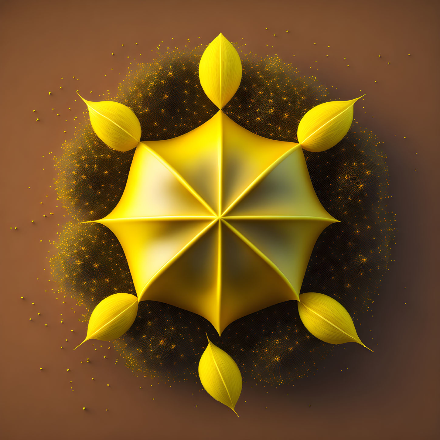 Symmetrical golden star shape with glowing edges on brown background