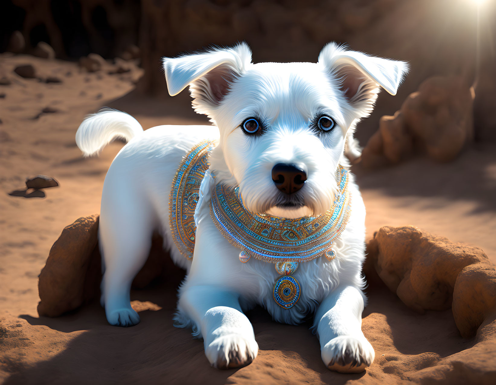 Small White Dog with Blue and Gold Jewelry Resting on Sandy Ground