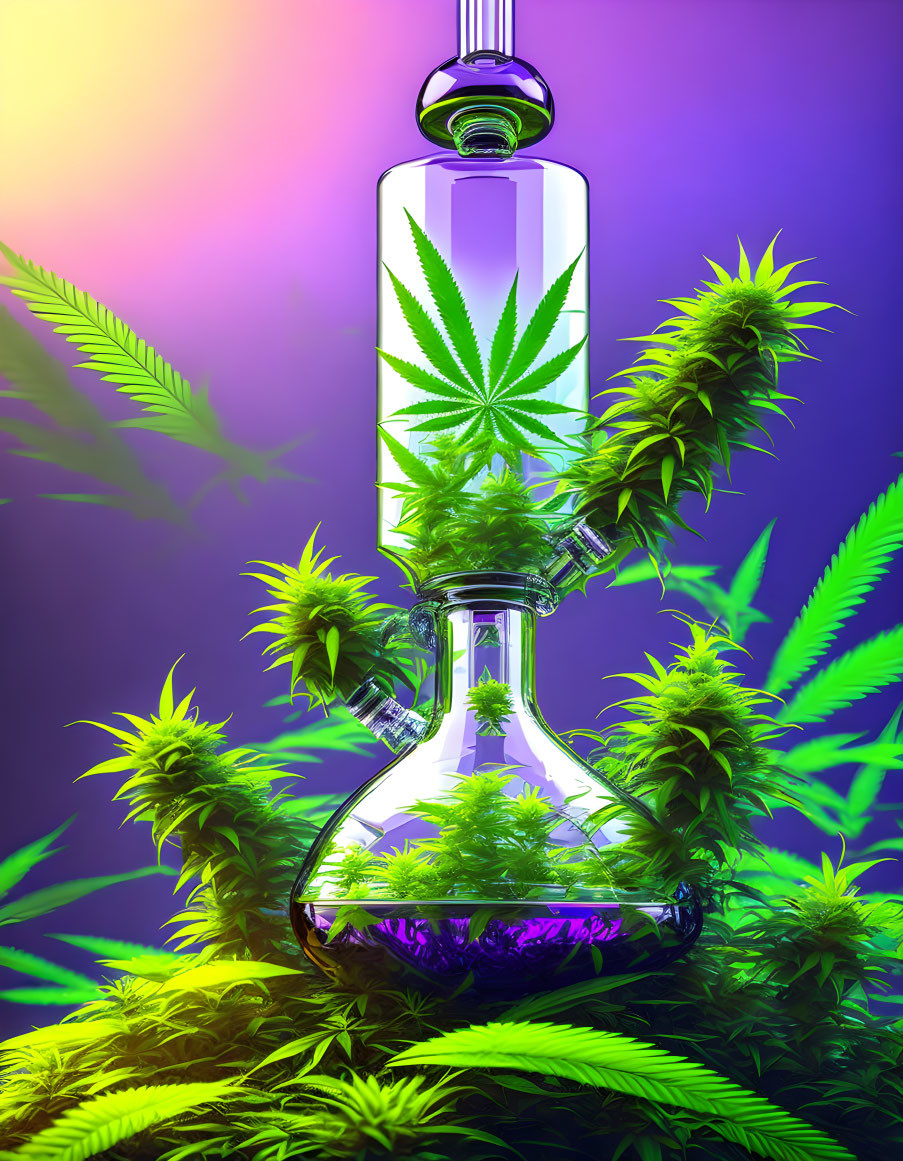 Glass Cannabis Bong with Marijuana Leaves on Purple and Blue Background