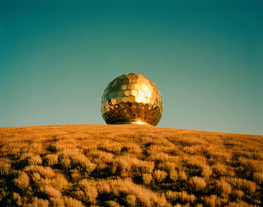 Reflective orb on grassy hill under clear blue sky