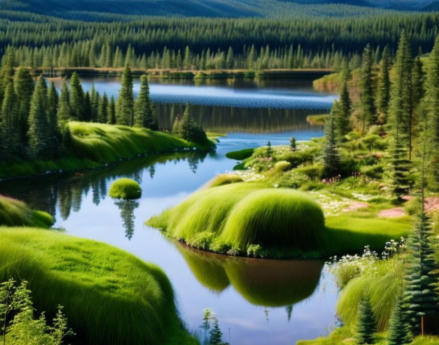 Tranquil Lake Surrounded by Green Banks and Coniferous Forests