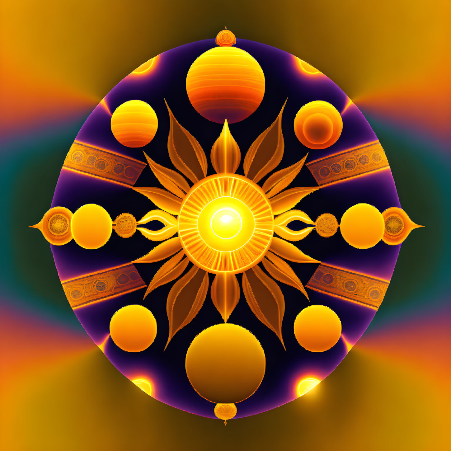 Colorful Digital Artwork: Glowing Sun Motif with Orange and Purple Orbs