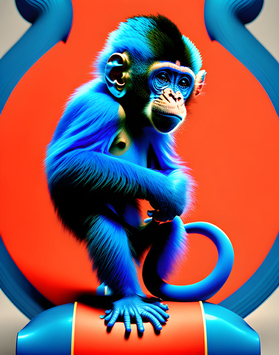 Colorful Monkey Illustration on Blue Shape with Neon Orange Background