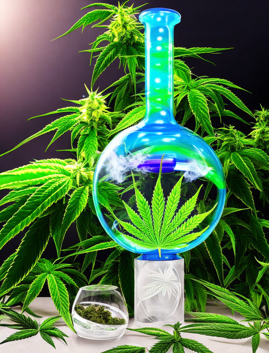 Colorful Glass Bong with Cannabis Plants and Herb Bowl on White Surface