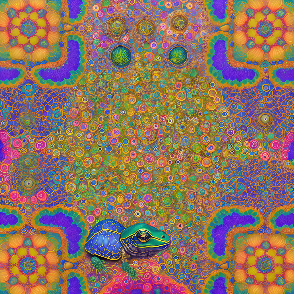 Colorful digital artwork with intricate patterns and stylized turtle in psychedelic design