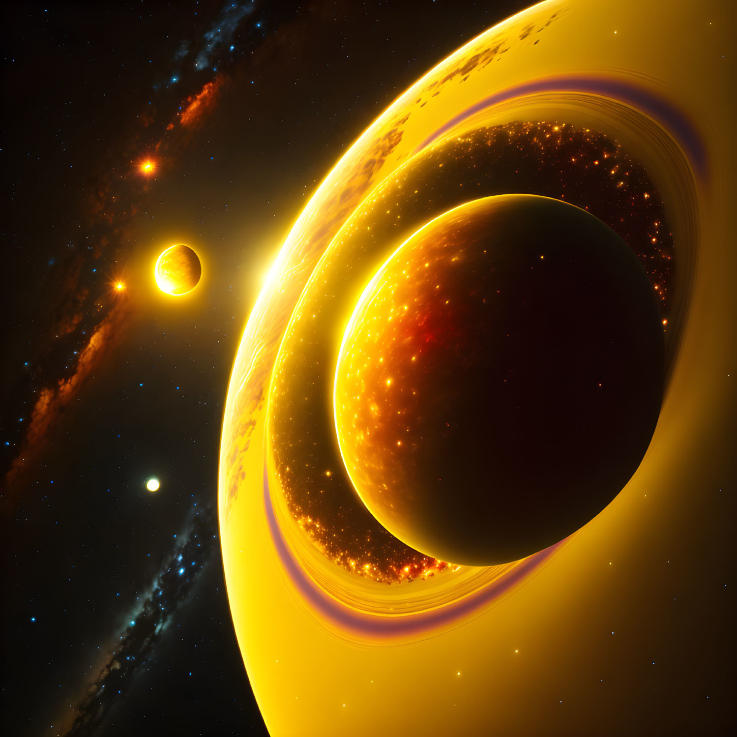 Celestial digital artwork: ringed planet, moon, stars & sun