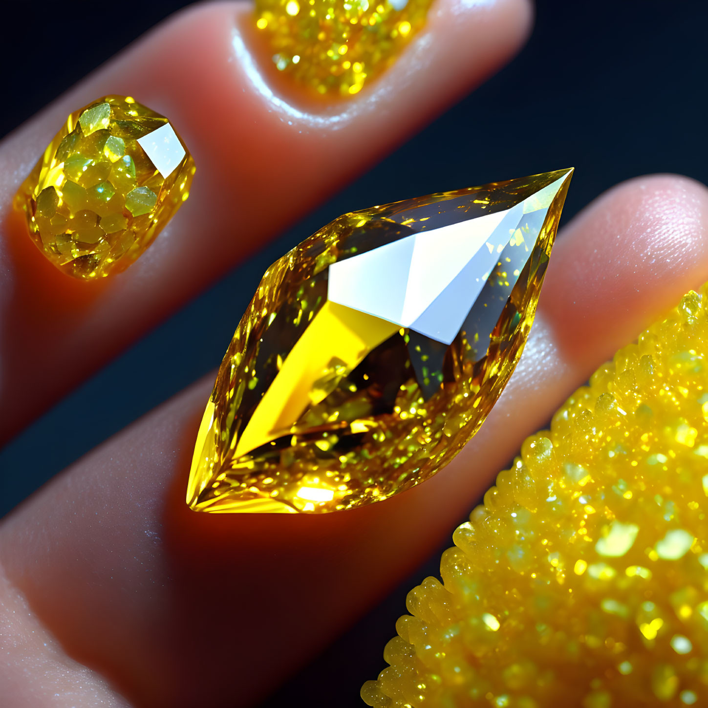 Hand holding large sparkling yellow gemstone with smaller gems in background