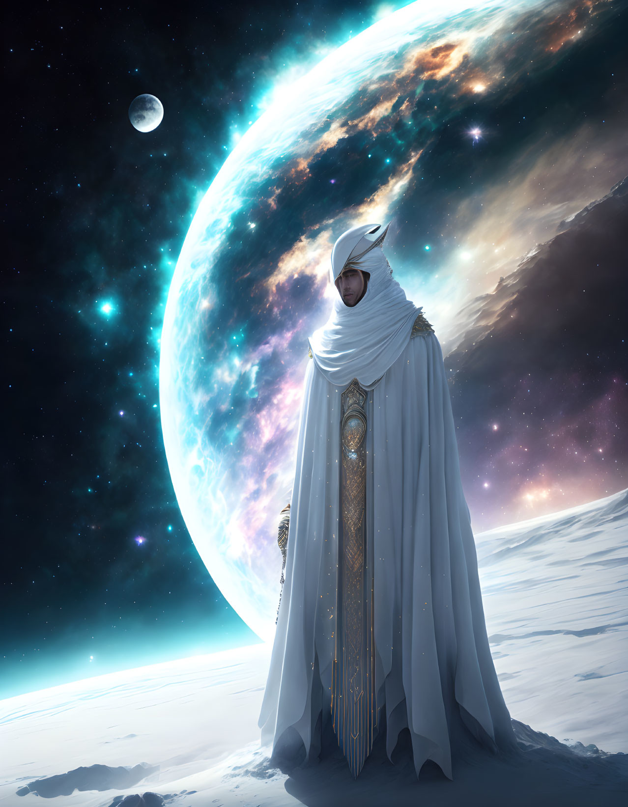 Robed Figure on Celestial Body Observing Planet and Moon