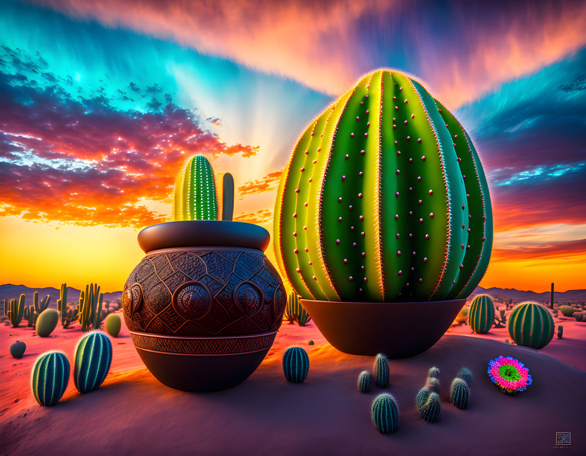 Colorful digital artwork: stylized cacti, glowing lights, desert sunset, vivid clouds,