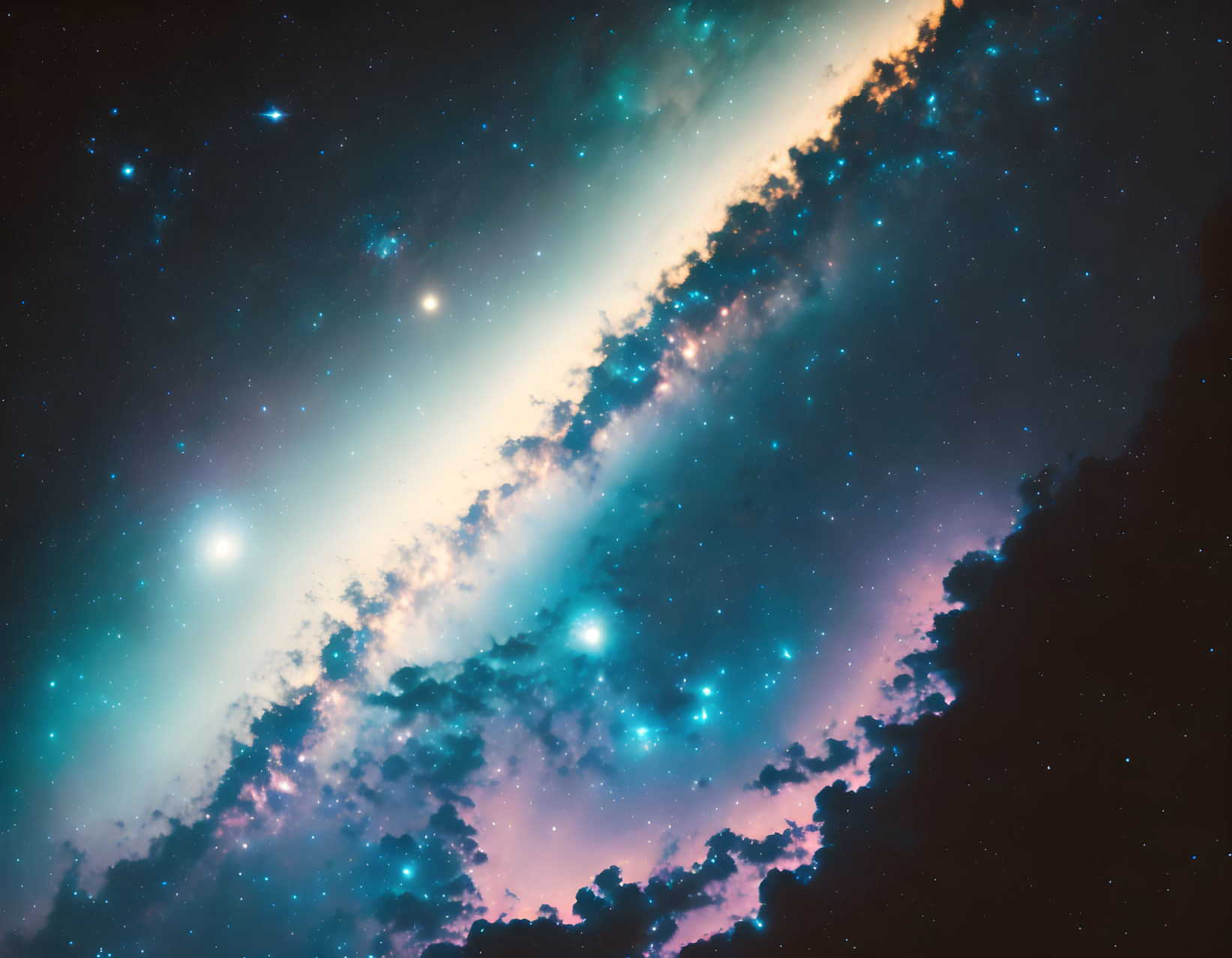 Colorful cosmic scene with diagonal galaxy dust lane and blue-pink nebulae