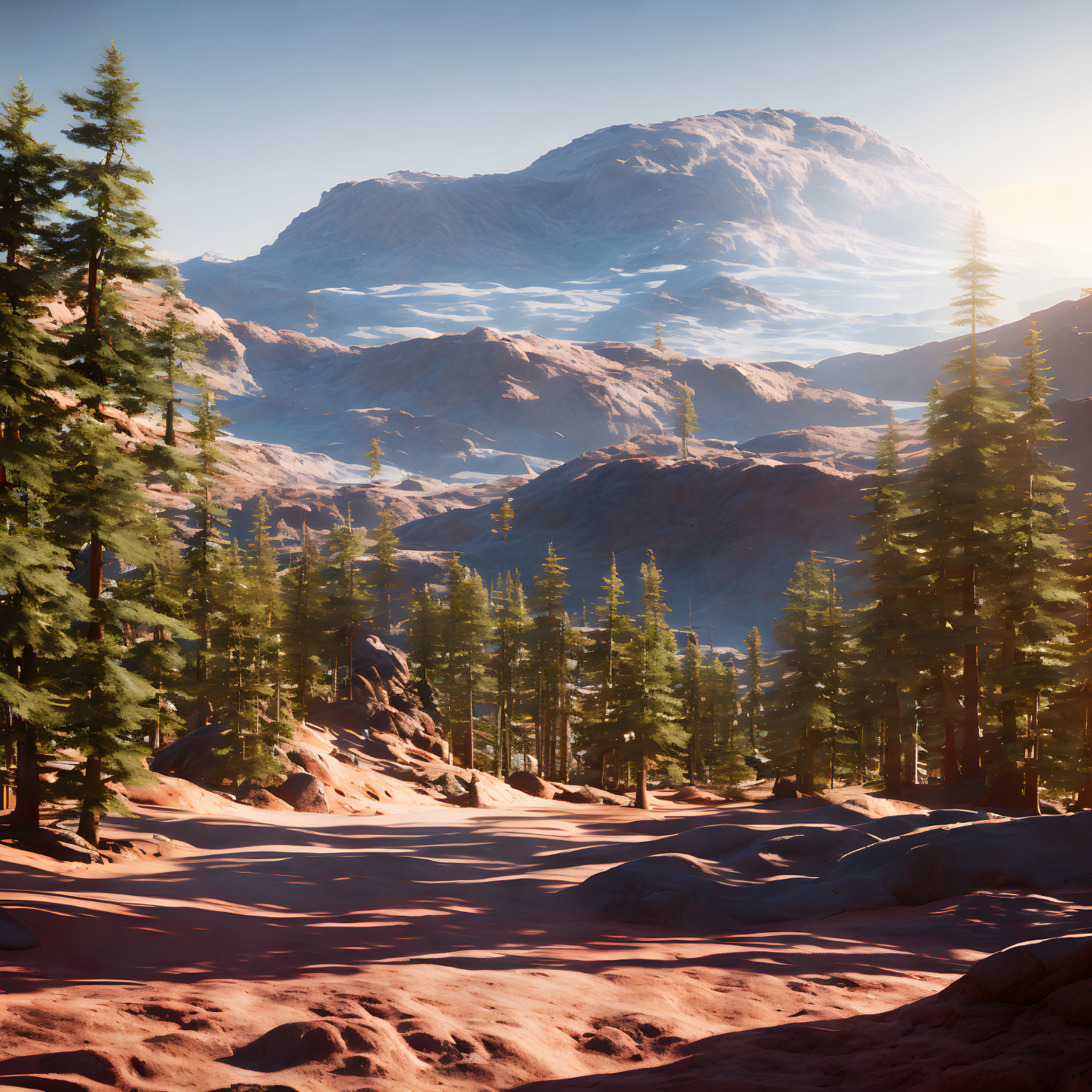 Tranquil Mountain Landscape with Evergreen Trees and Dusty Path