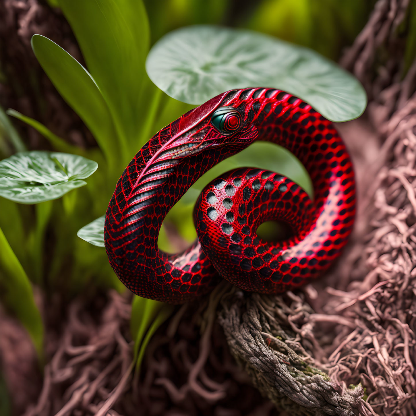 Vibrant Red Snake Coiled Around Branch Among Green Leaves