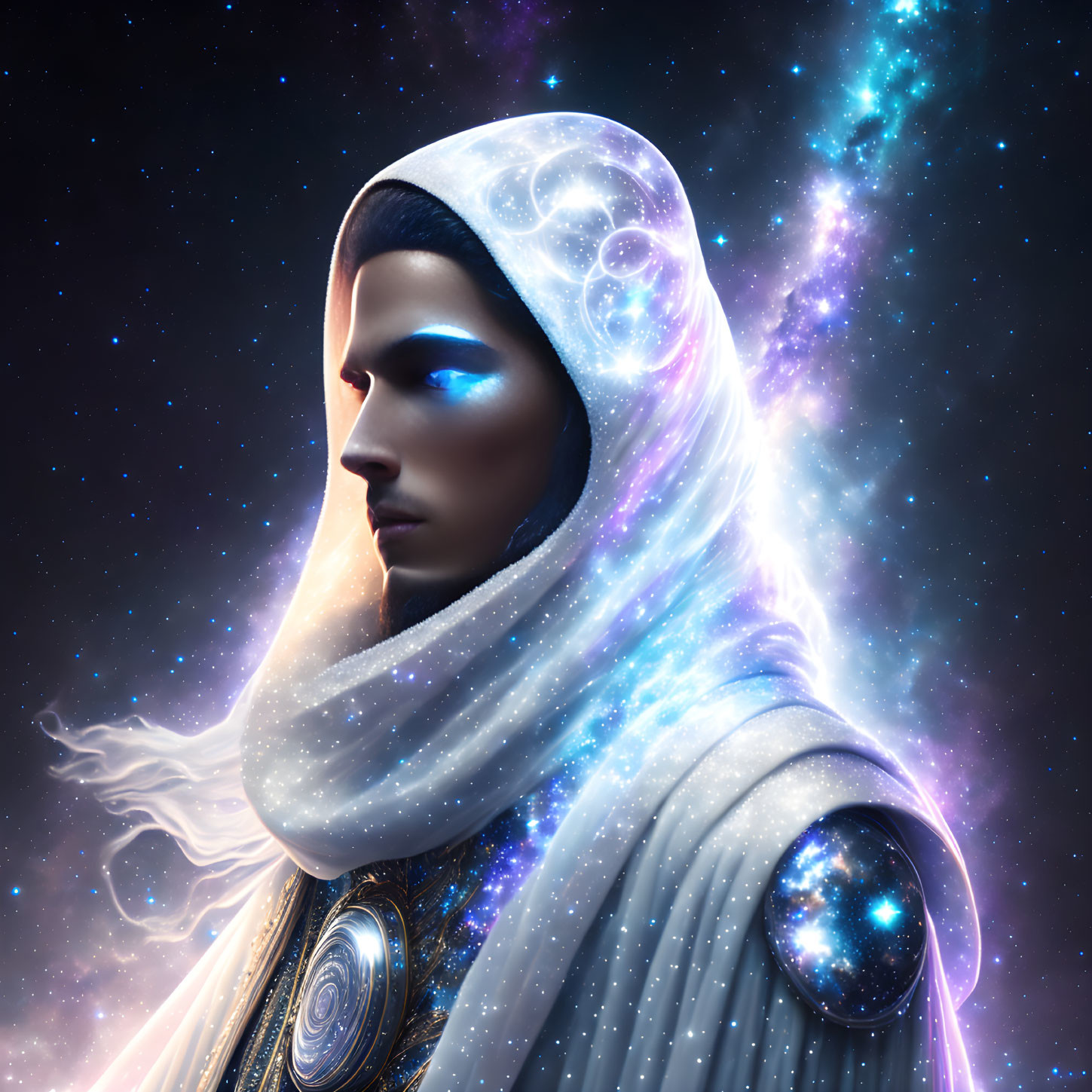 Cosmic digital artwork with celestial motifs and mystical aura