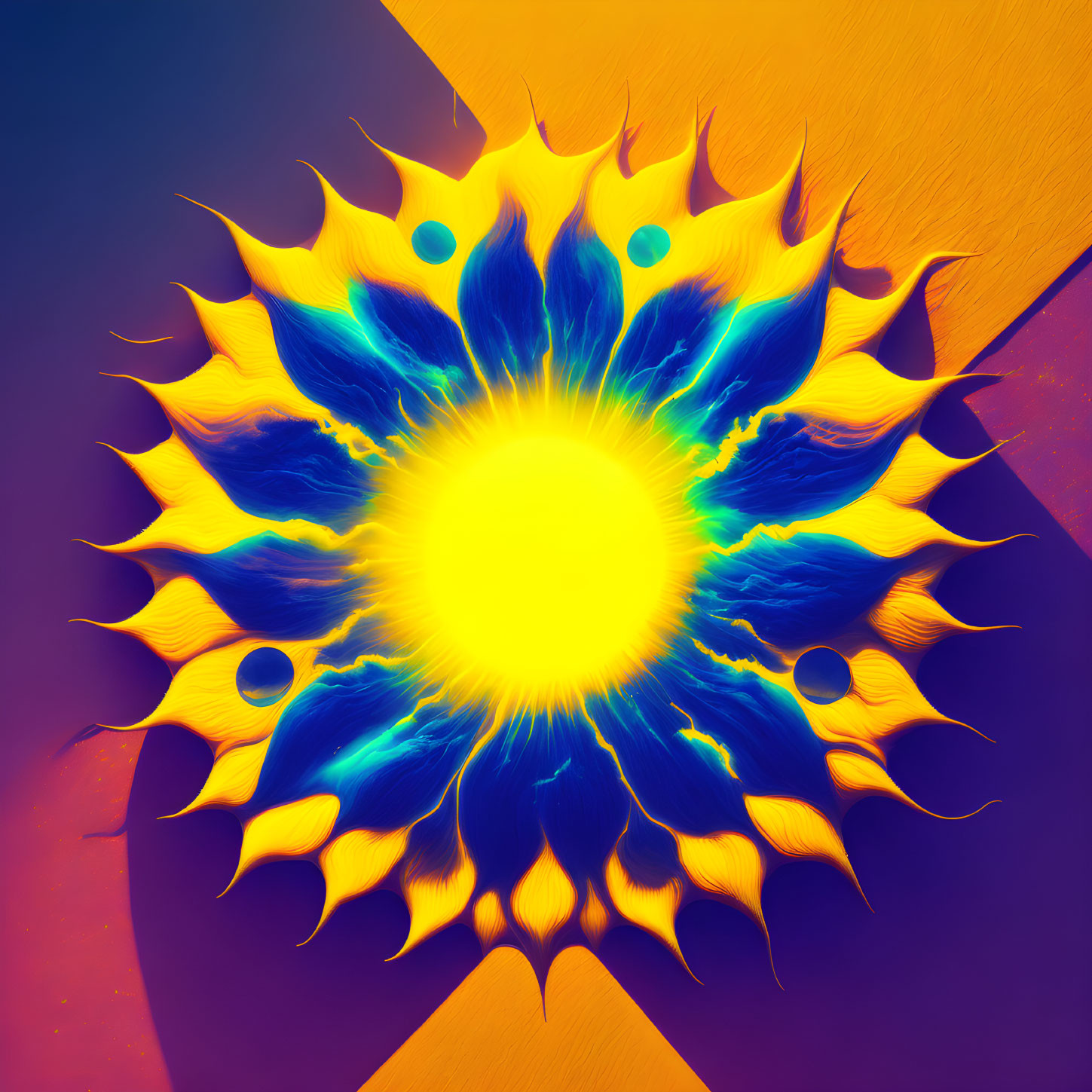 Colorful Abstract Art: Yellow Burst Surrounded by Orange and Blue on Purple Background