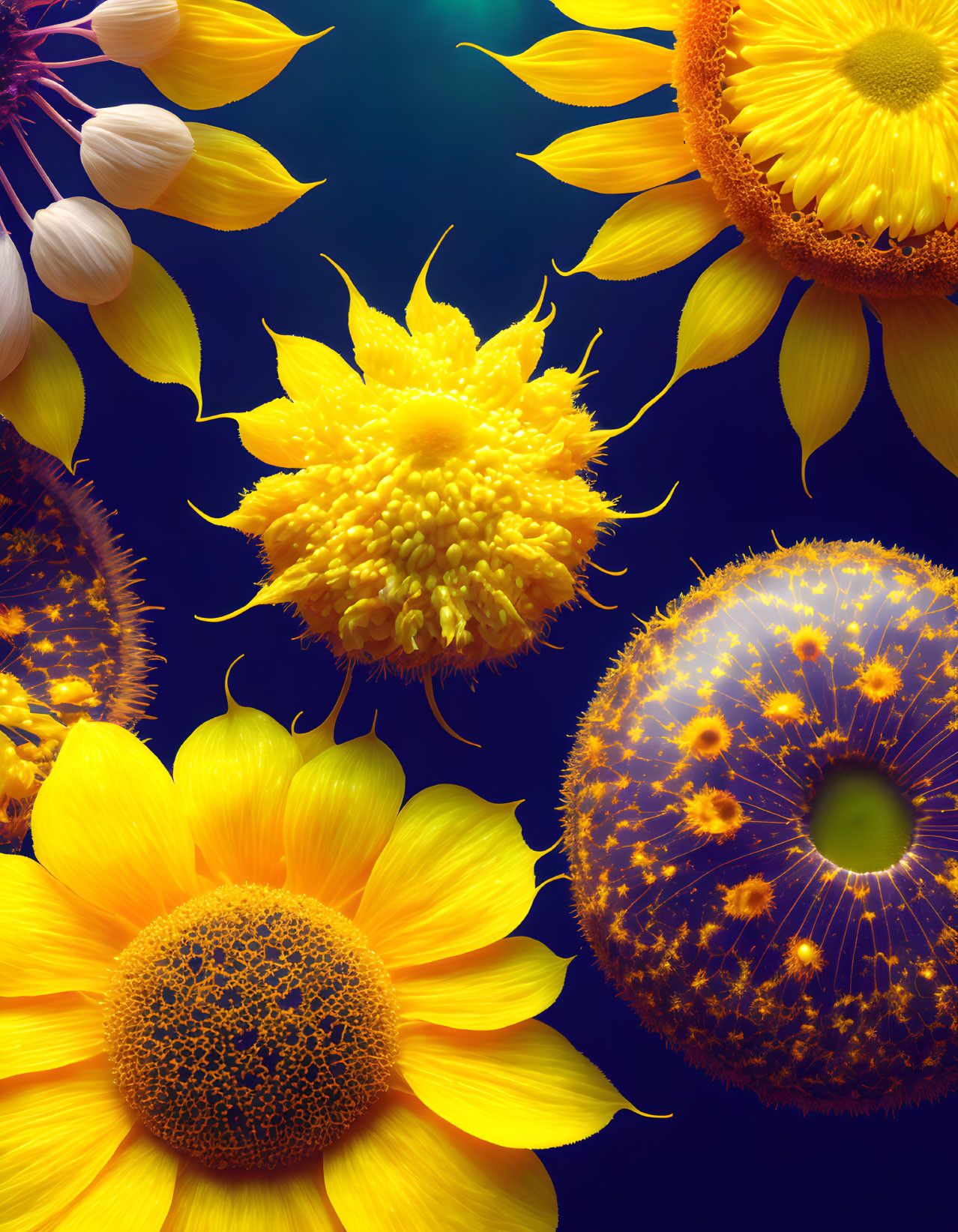 Colorful sunflowers against blue backdrop with white flowers