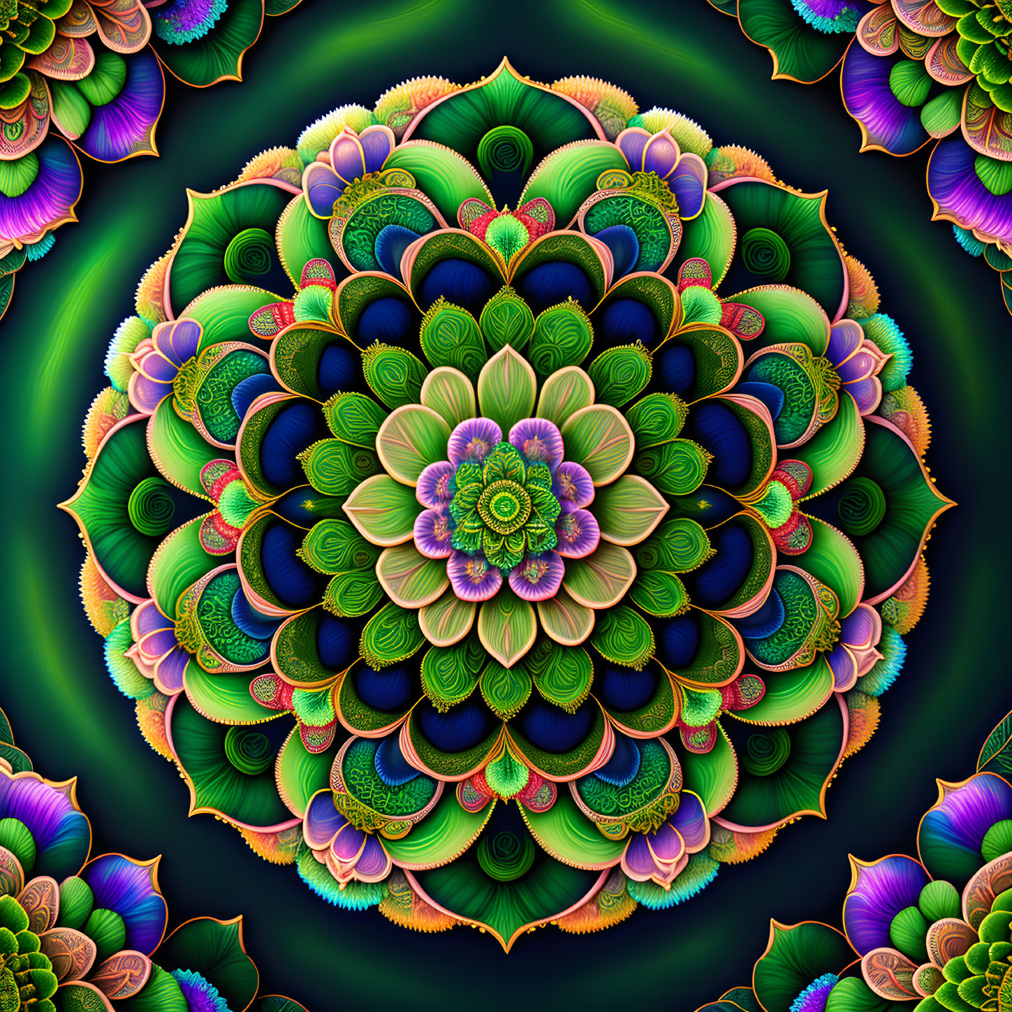 Colorful digital mandala with intricate floral patterns in green, blue, and purple