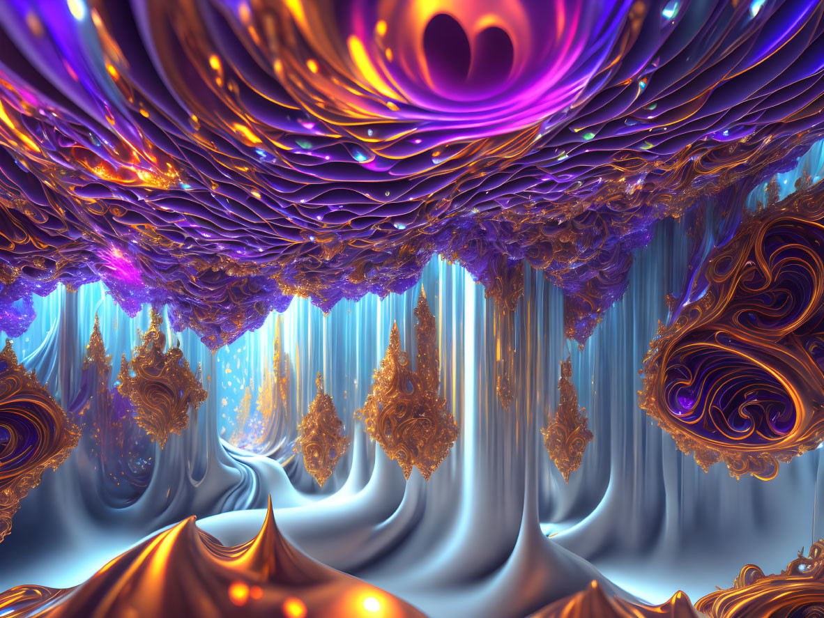 Violet and Gold Fractal Landscape with Silver Columns