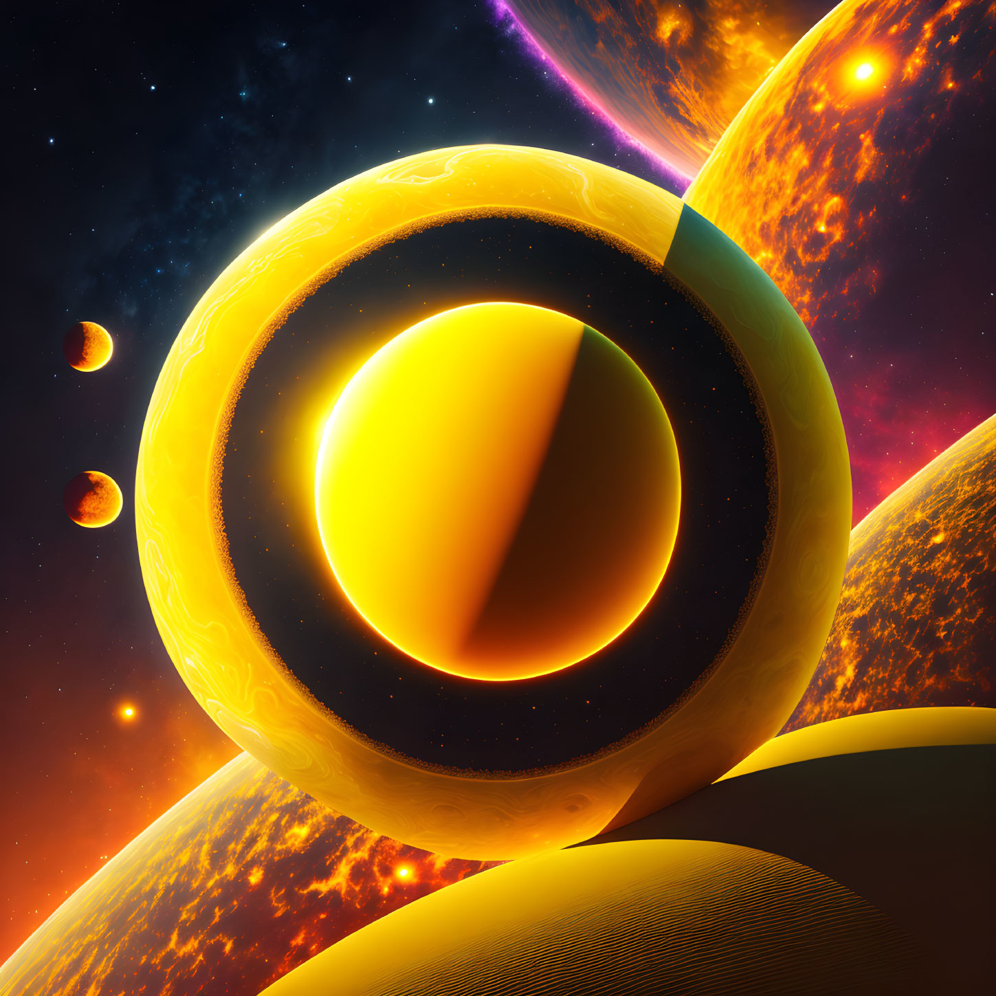 Abstract digital artwork: Vibrant spherical structure with gold and orange concentric circles against cosmic background