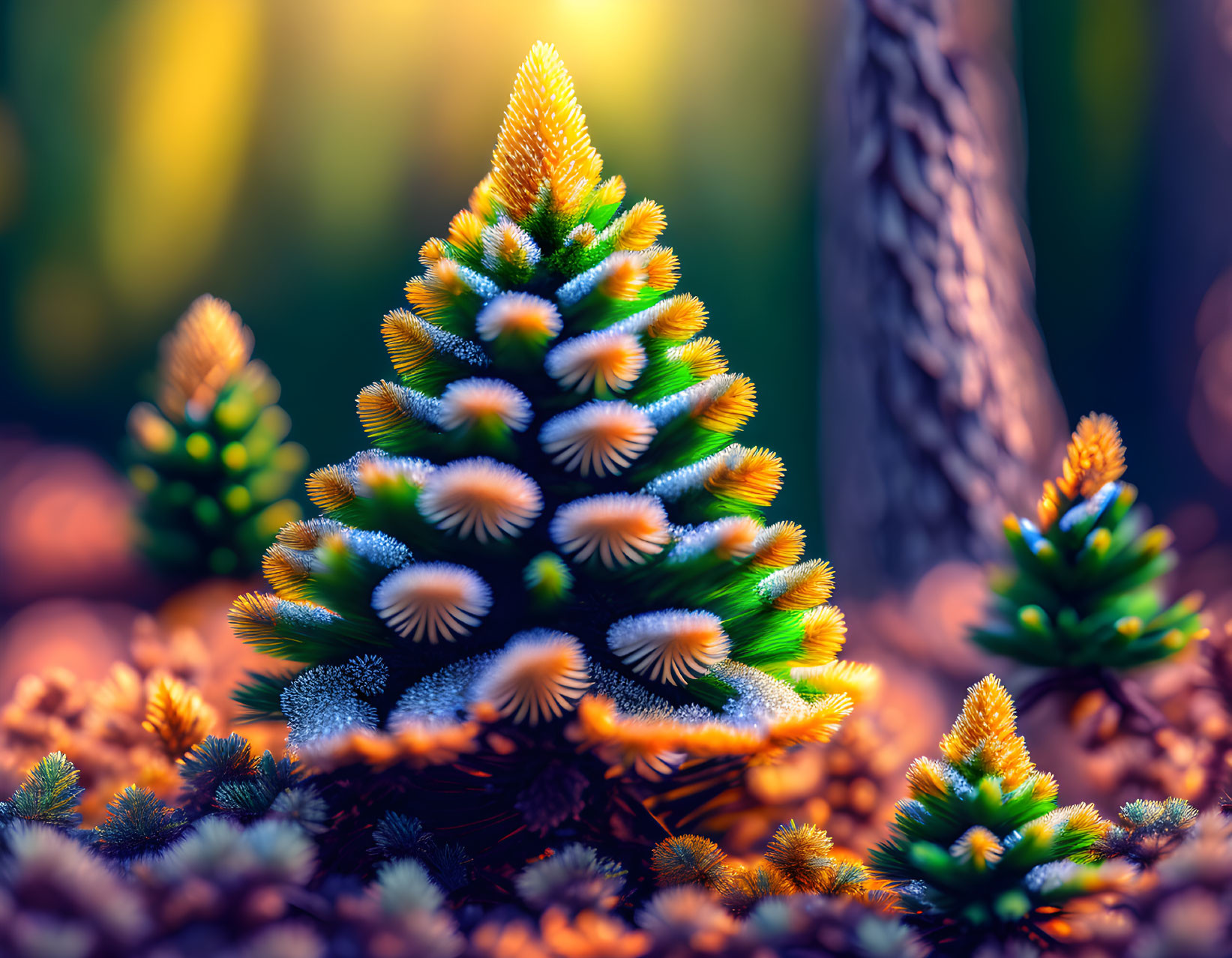 Detailed Close-Up of Vibrant Pine Trees in Forest