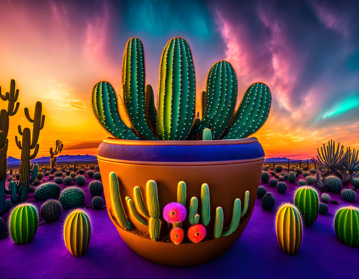 Colorful stylized cacti in pot under purple-orange sky