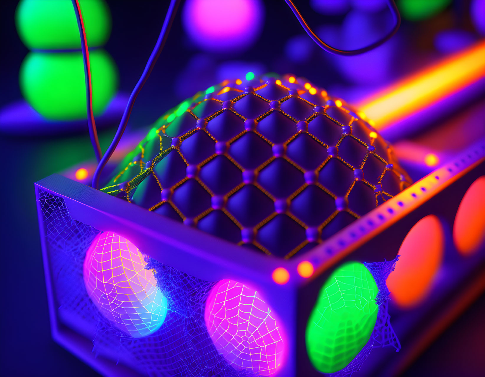 Colorful LED structure emitting neon lights with bokeh background