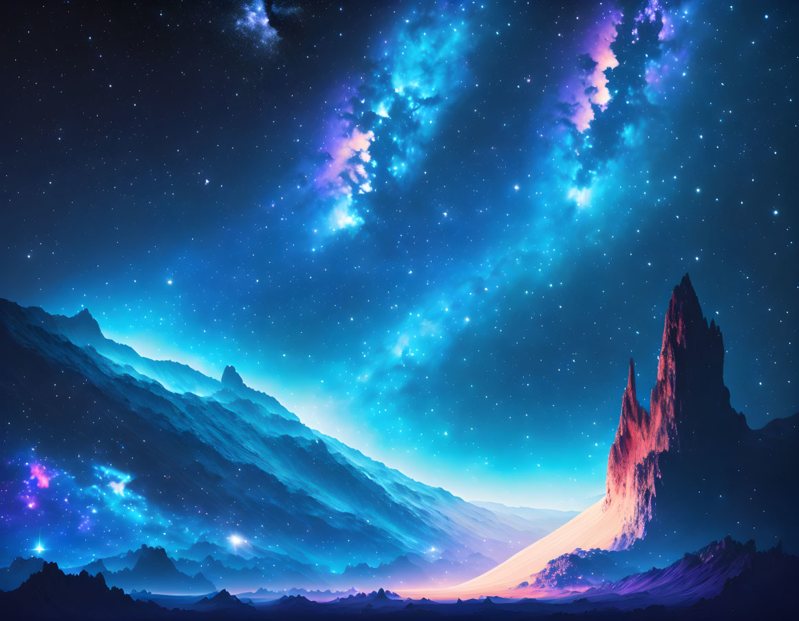 Cosmic night sky digital artwork with snow-capped mountain landscape