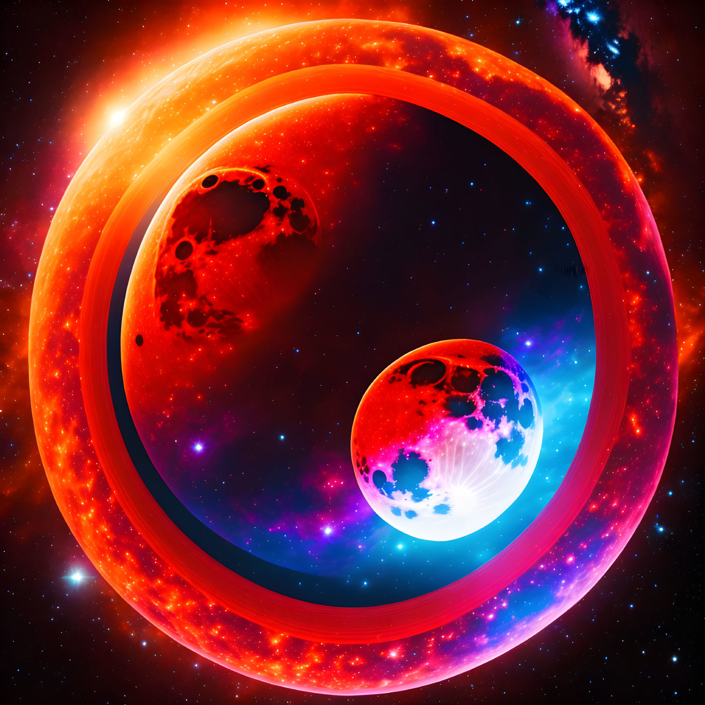 Space-themed image with large celestial bodies and glowing ring in star-filled backdrop