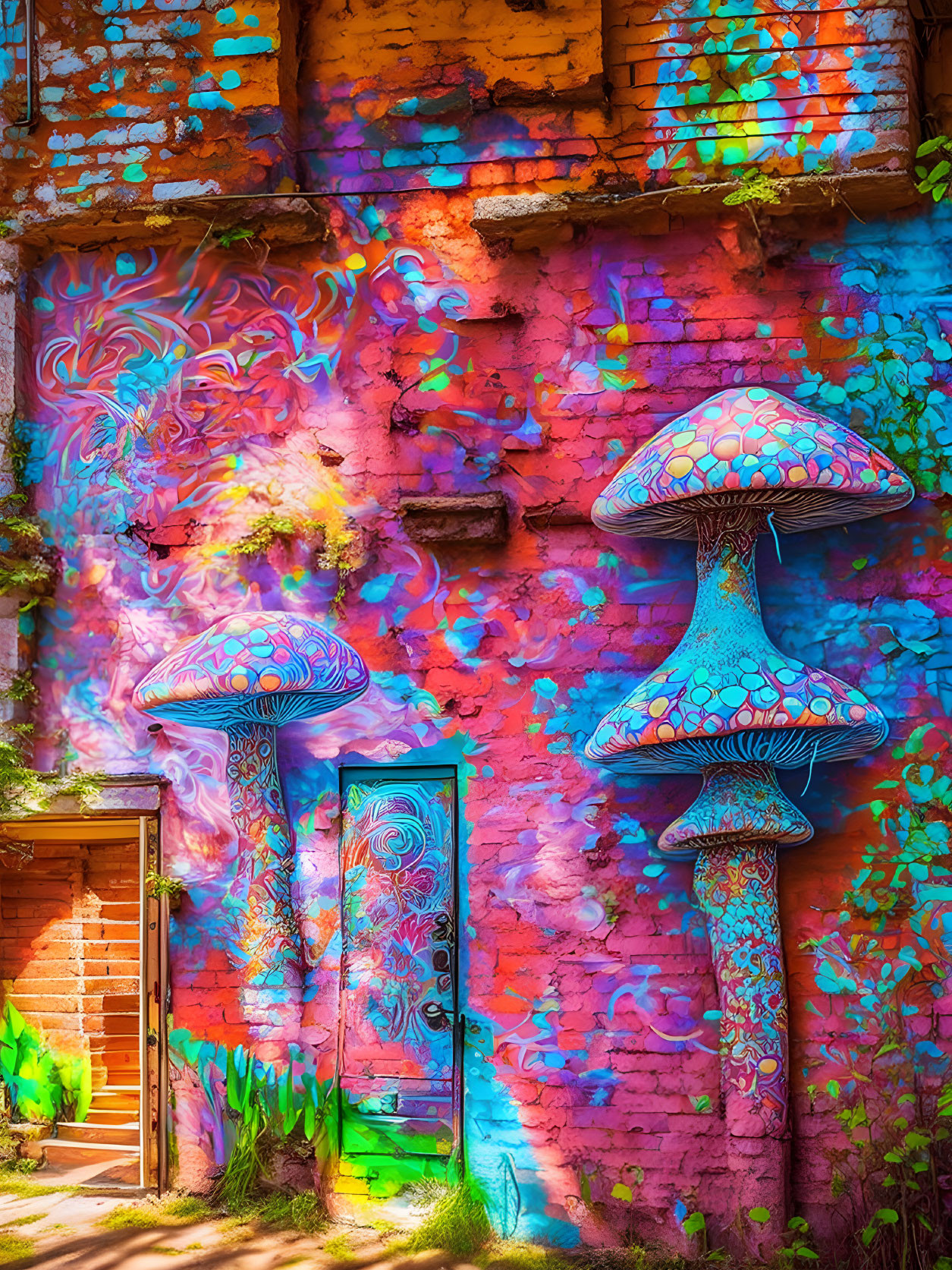 Colorful street art: psychedelic mushrooms, swirly patterns, colorful door