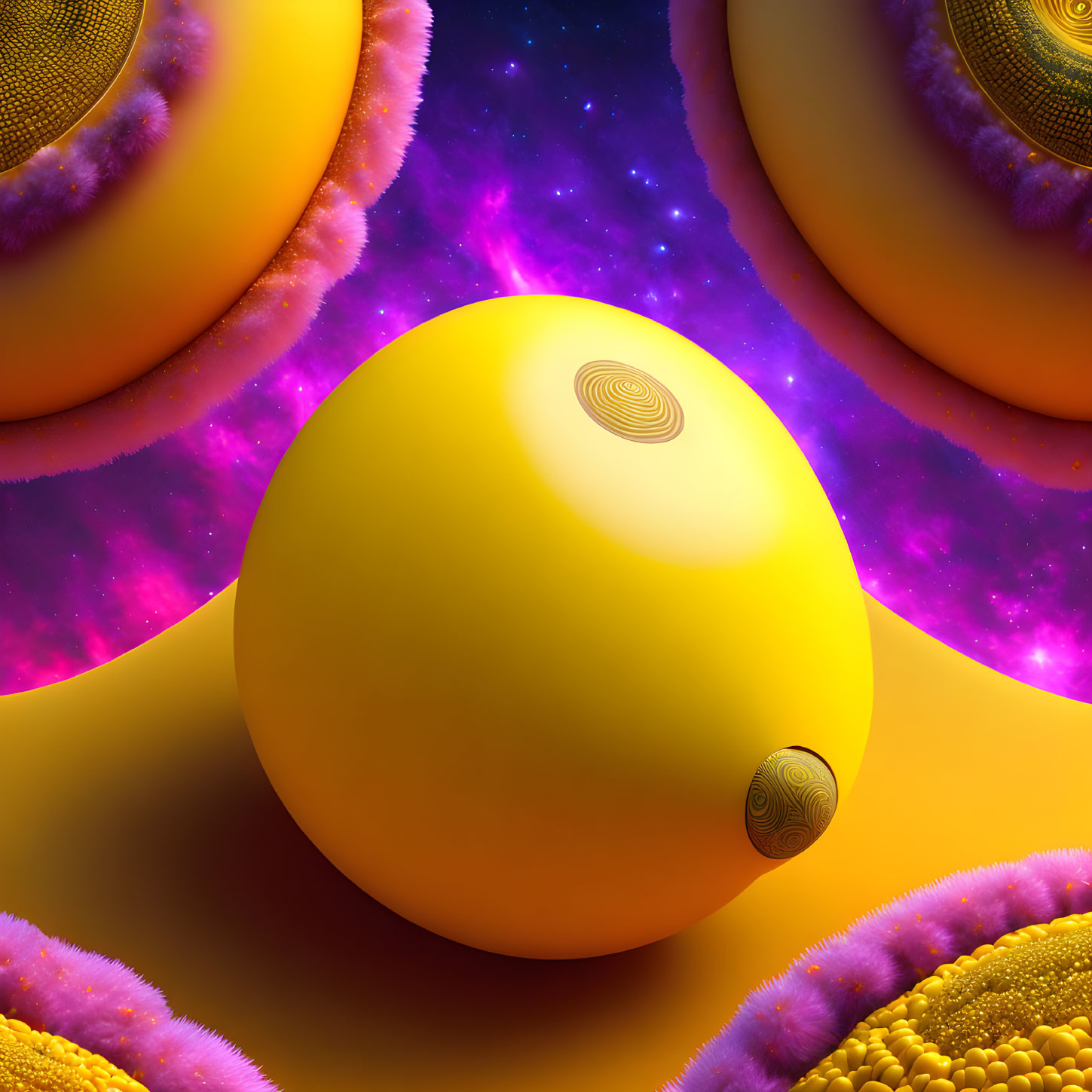 Colorful digital artwork: Yellow spheres with intricate patterns on cosmic backdrop.