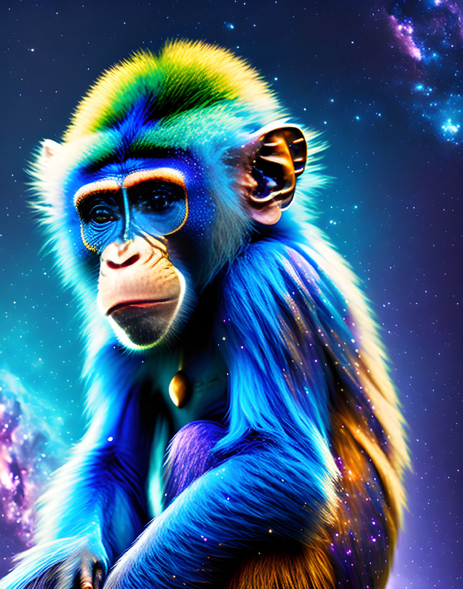 Colorful Baboon with Blue and Green Fur on Cosmic Background