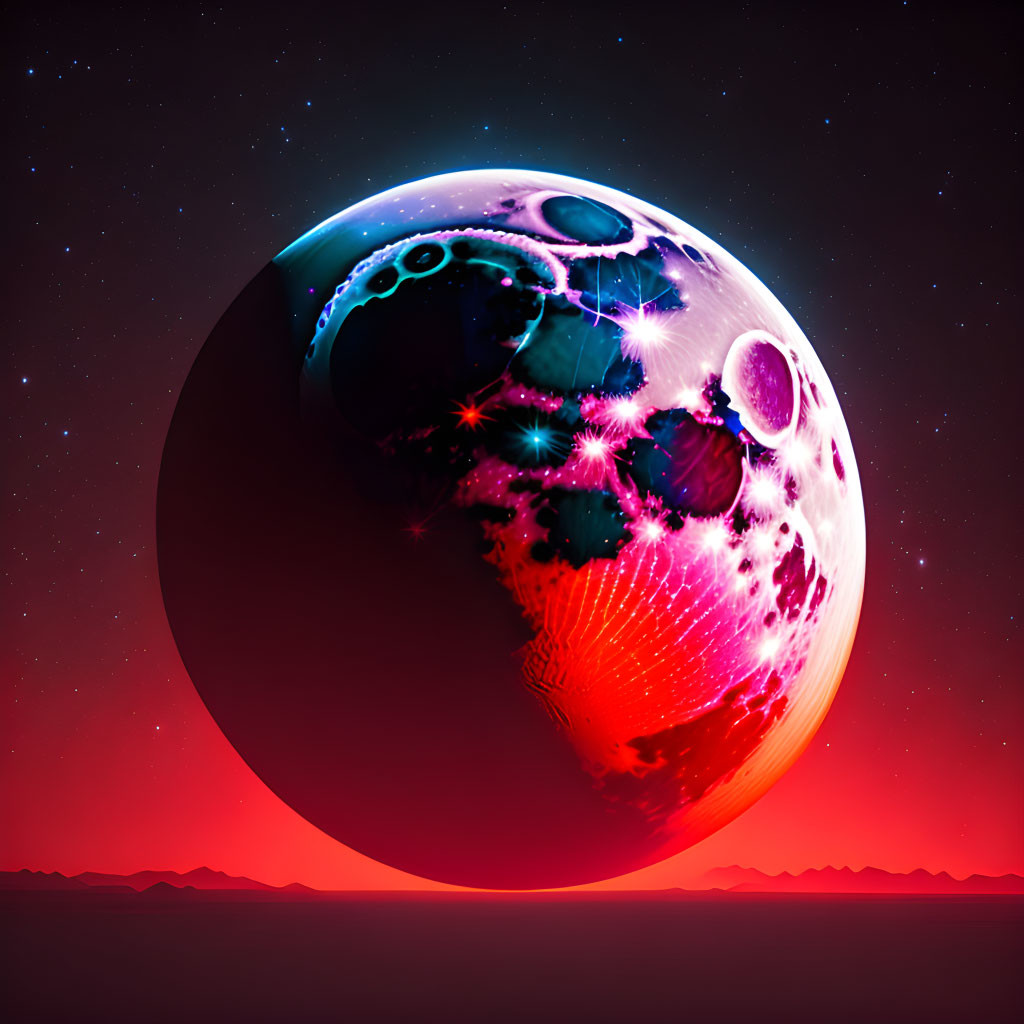 Neon-pink and blue planet art with mountain silhouette