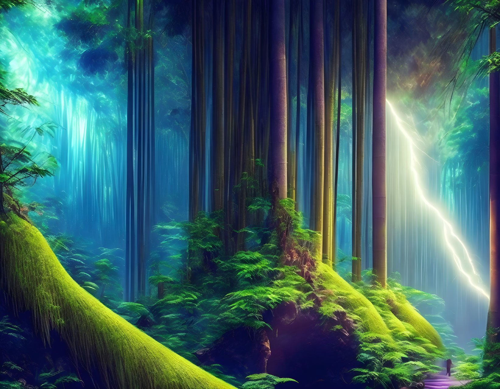 Mystical forest with towering trees and beams of light