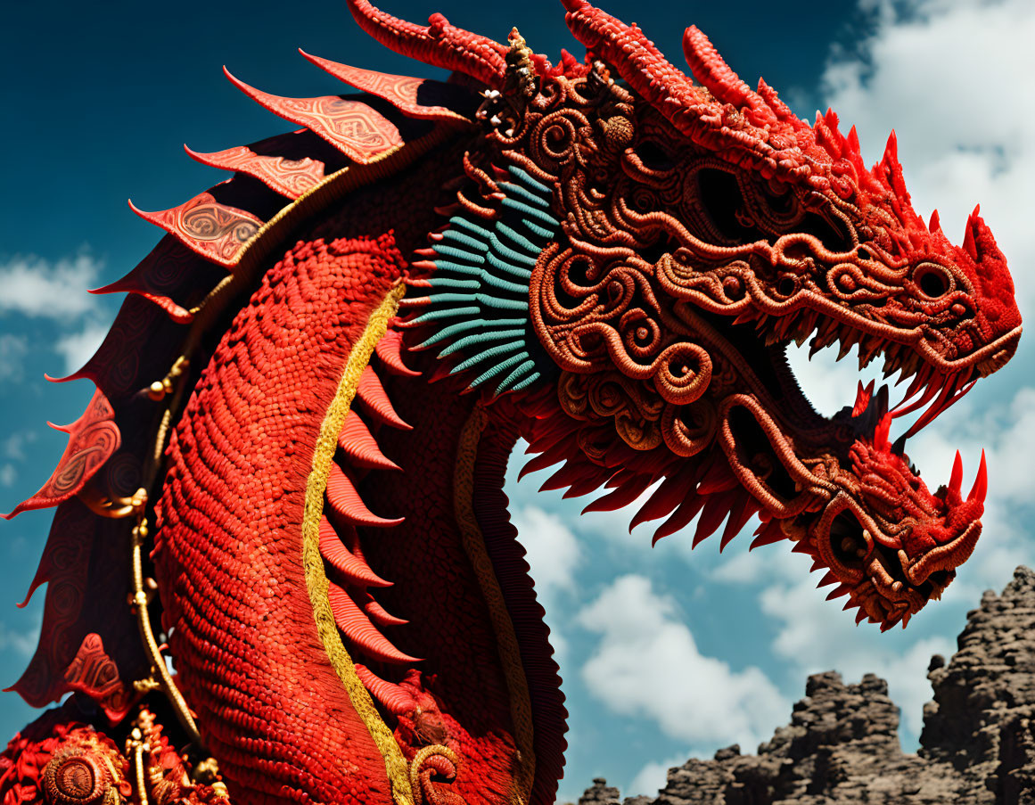 Detailed Red Dragon Sculpture Against Blue Sky with Clouds