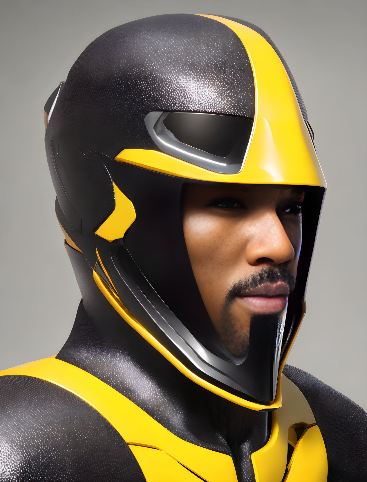 Yellow and Black Motorcycle Helmet with Visor Up Showing Eyes